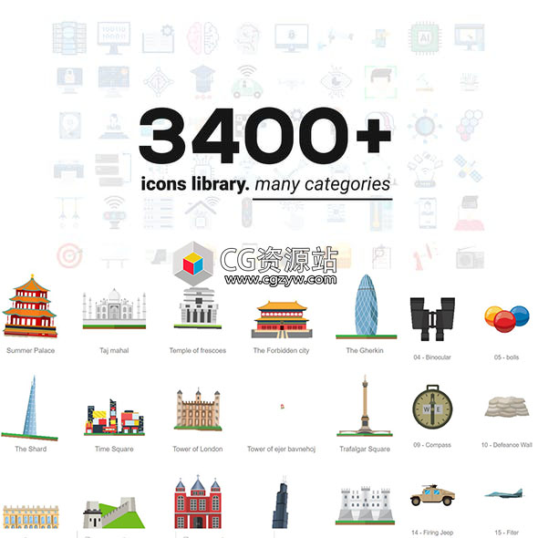 AE模板-3400+常用扁平化生活日常金融标签网络MG动画ICON图标