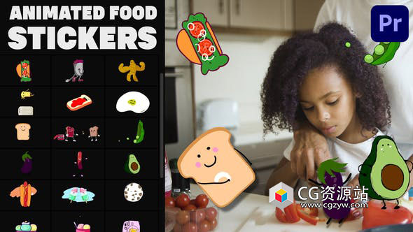 PR预设-20组手绘卡通食品贴纸动画 Animated Food Stickers