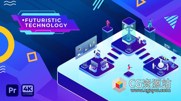 PR模板预设-8组未来科技感等距图形城市景观场景动画