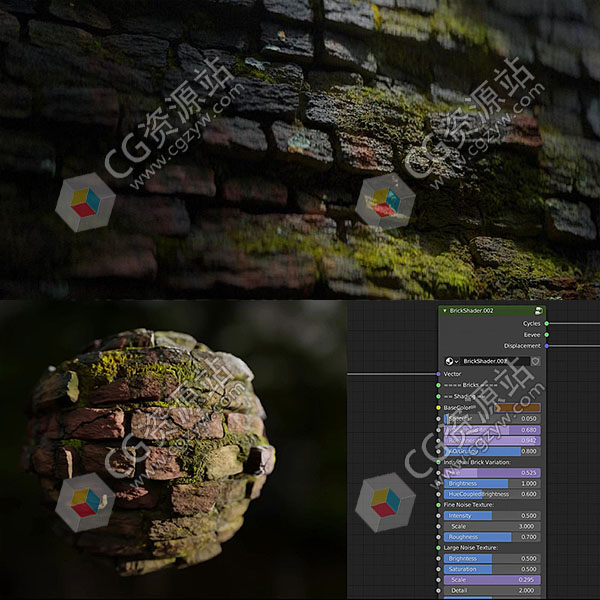 Blender程序纹理逼真苔藓砖墙大师班视频教程+中英文字幕