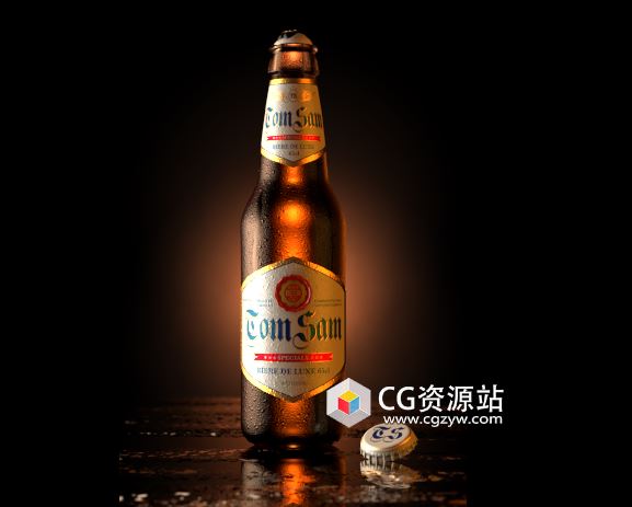 C4D逼真啤酒玻璃瓶场景材质灯光渲染教程+中英文字幕
