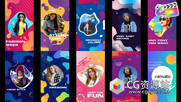 FCPX插件+PR预设-10组竖屏多彩流体图形照片视频宣传片头