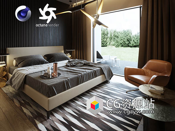 C4D Octane Render室内卧室场景3D模型02-图片1