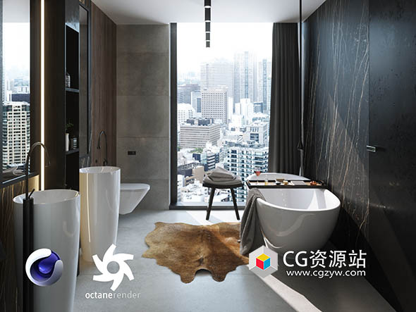 C4D Octane Render室内浴室场景3D模型01-图片1