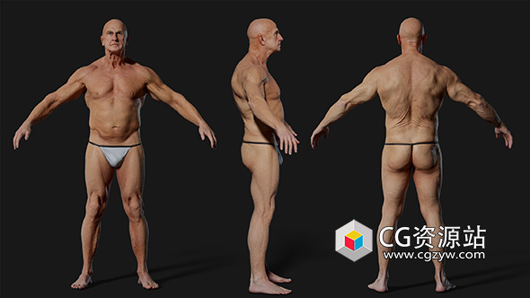 高质量逼真老年男性扫描身体3D模型