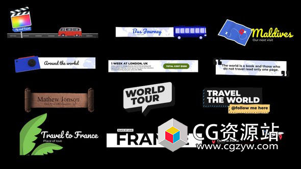 FCPX插件-30个旅游文字标题字幕条动画 Travel Lower Thirds