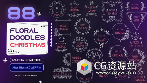 AE模板-88个圣诞节日装饰花藤边框元素文字标题动画 Floral Doodles Pack