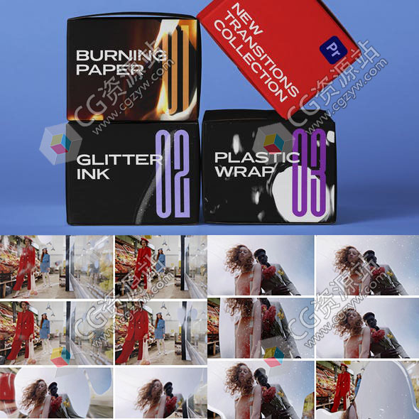 PR模板-80种新过渡系列火焰燃烧纸张塑料包裹闪光粒子水墨转场预设