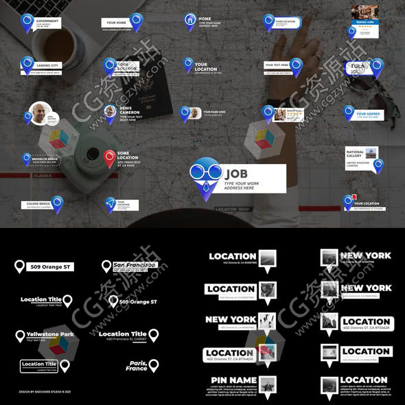 FCPX插件-5套地标地点标识文字标题字幕图片信息介绍动画预设