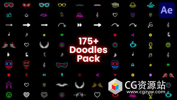 AE模板-175组卡通霓虹风格涂鸦小元素动画 Doodle Pack