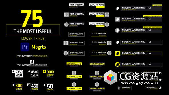 PR模板-75组4k实用文字排版字幕动画预设 The Most Useful Lower Thirds