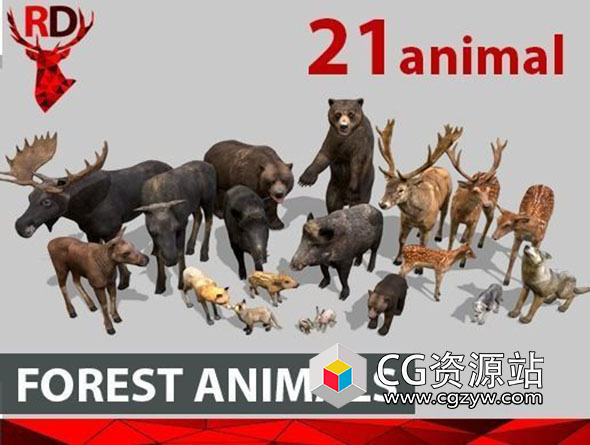 21种野生动物鹿狐狸牛野猪熊低多边形3D模型