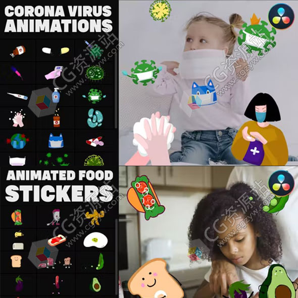 达芬奇模板-10套手绘卡通可爱图标贴纸MG动画预设-图片1