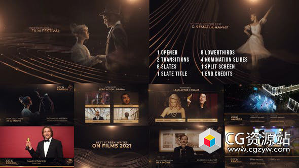 AE模板-金色颁奖典礼演员介绍视频包装片头