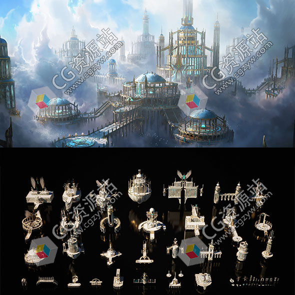 皇家城市神话城堡悬浮庭院3D模型 C4D/MAX/Maya/Blender/Houdini/Unreal/Unity等-图片1