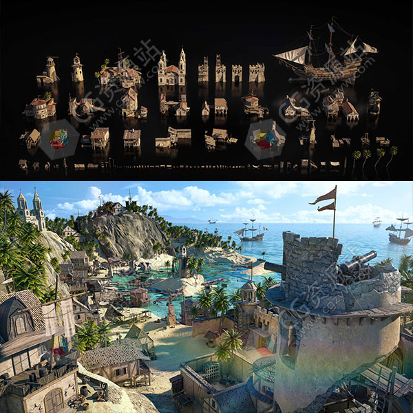 码头海岛港口建筑楼房3D模型 C4D/MAX/FBX/OBJ/Maya/Blender/Houdini/Unity/Unreal-图片1