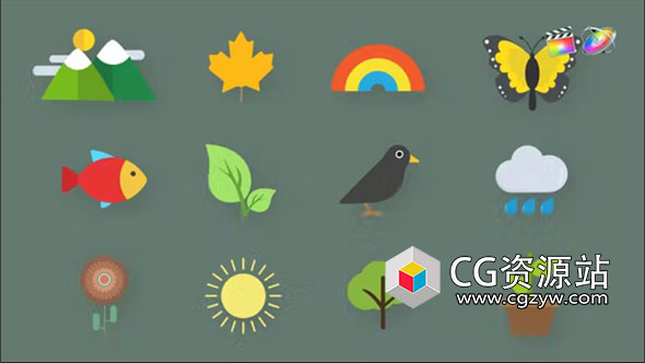 FCPX插件-17组自然图标动画花鸟鱼风景蝴蝶树叶 Nature Animated Icons