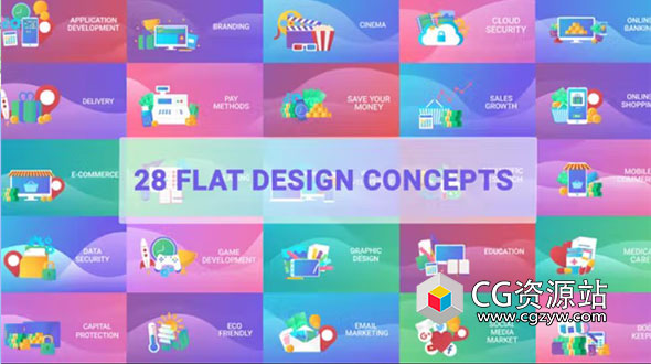 AE模板-28组4K概念场景扁平化MG动画 Flat Designs Concepts
