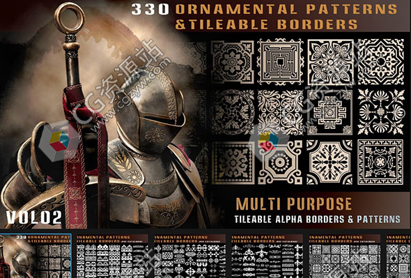 330种4K金属盔甲相关平铺装饰边框图案 Vol 02-图片1