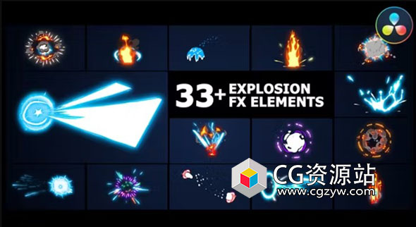 达芬奇模板-33组动漫卡通能量发光爆炸元素MG动画元素包 Action Elements Pack