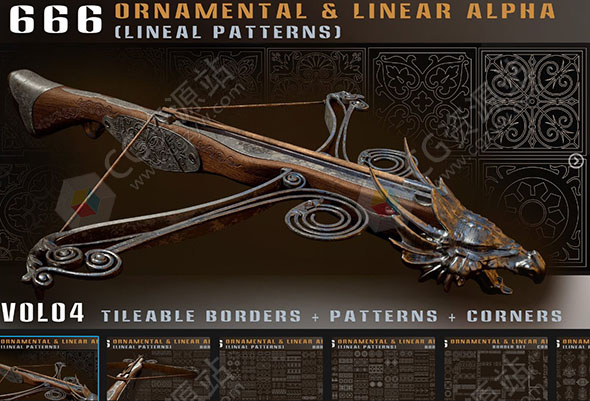 666种4K弓弩武器装饰边框图案贴图 Vol 04-图片1