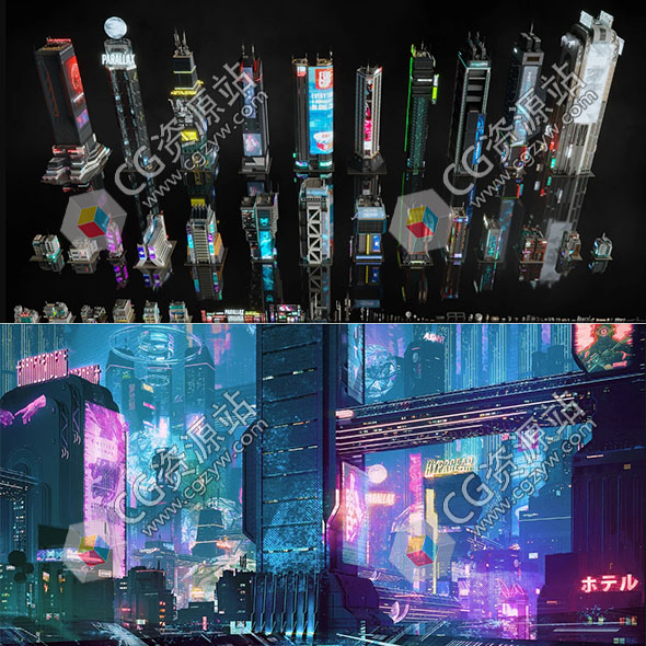 科幻赛博朋克城市建筑商店楼房小巷住宅3D模型C4D/FBX/OBJ/MAX/Maya/Blender/Houdini/Unity/Unreal格式-图片1