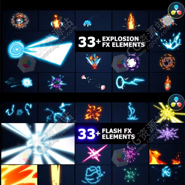 达芬奇插件-432个卡通动漫能量电流火焰爆炸MG图形元素动画