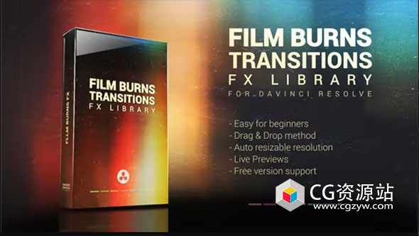 达芬奇模板-胶片复古光效叠加特效转场包装预设 Film Burns Transitions