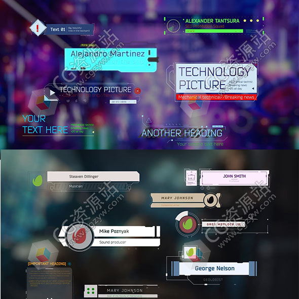 AE/PR脚本-87组高科技元素赛博朋克文字标题字幕条动画