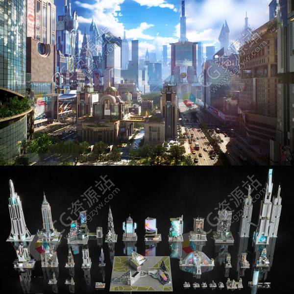 未来科幻纽约城市楼房广场建筑大厦3D模型 C4D/MAX/Maya/Blender/Houdini/Unity/Unreal-图片1