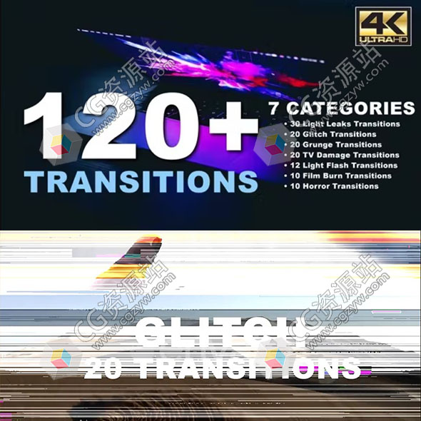 122个4K光效耀斑故障复古胶片污渍过渡转场视频素材