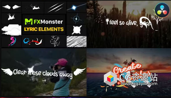 DR达芬奇模板-12个歌词元素文字标题动画 Lyric Elements DaVinci Resolve