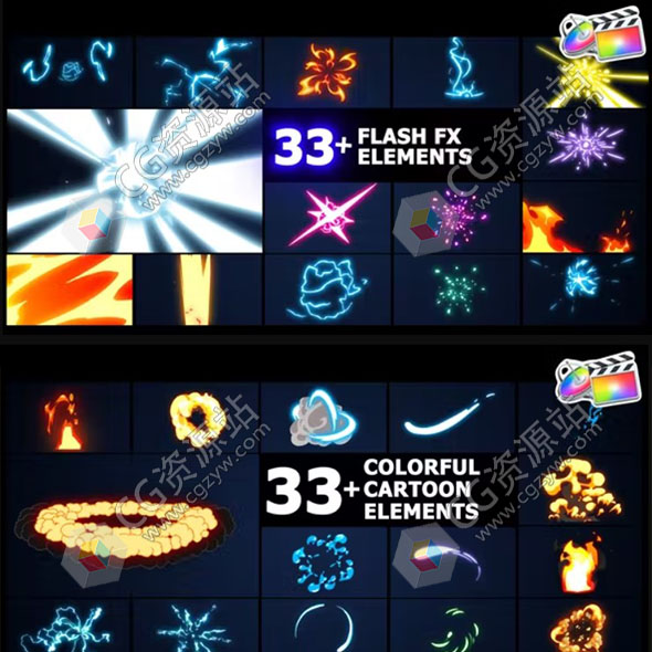 FCPX插件-405组卡通动漫能量电流火焰爆炸MG图形元素动画