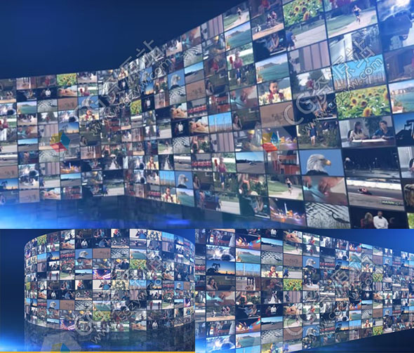 AE模板-平面圆柱三屏方形弯曲照片视频墙介绍包装动画七套