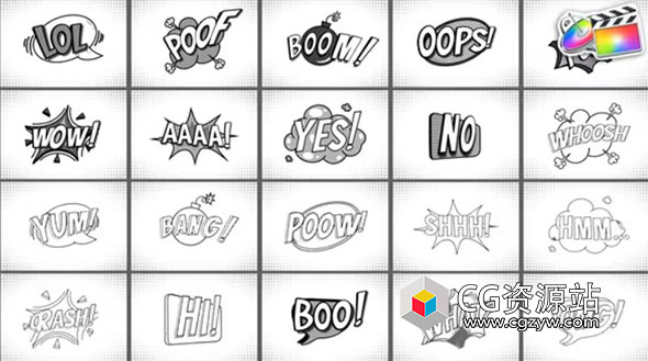 FCPX插件-20组综艺卡通黑白漫画对话框气泡动画 Comic Titles Black And White