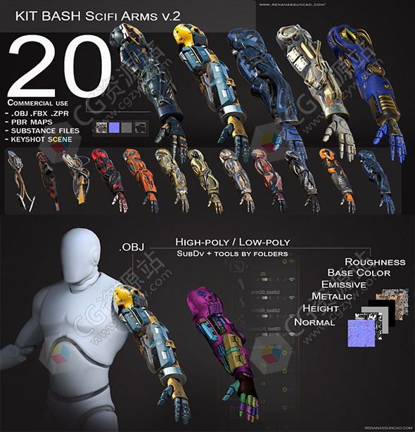 20组科幻游戏武器机械手臂3D模型PBR纹理贴图