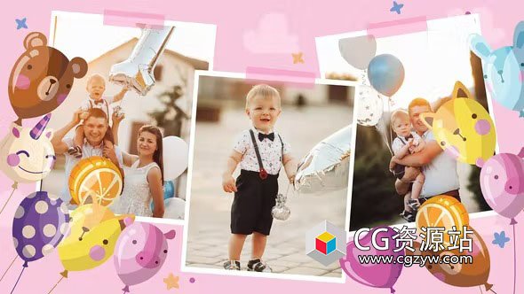 AE/PR模板-卡通儿童飞行气球节日生日快乐照片视频片头+背景音乐
