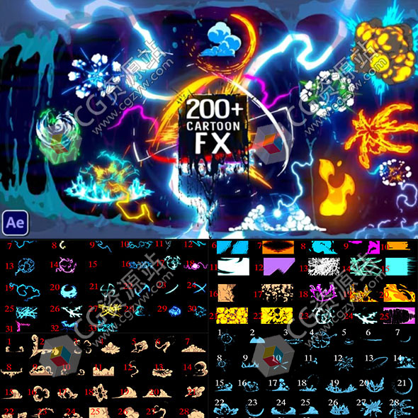 AE模板-220组卡通涂鸦手绘电流能量爆炸火焰烟雾转场MG动画-图片1