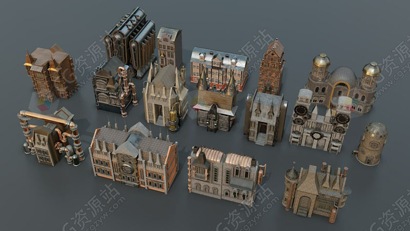 蒸汽朋克风格楼房建筑概念游戏场景3D模型-图片2