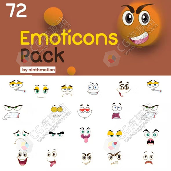 视频素材-72个卡通面部情绪喜怒无常表情贴纸动画含透明通道