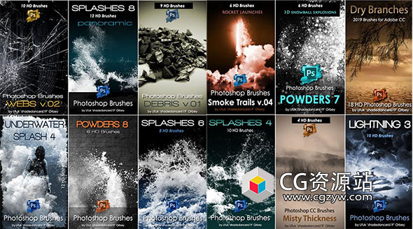 450个PS画笔刷预设火花瀑布羽毛水粉末碎片雾等-图片1