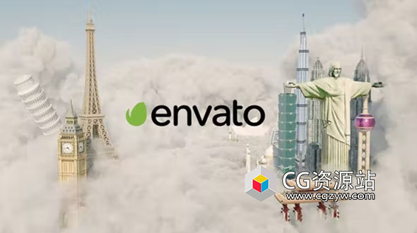 AE模板-飞机云层穿梭建筑地标展示片头 Fly With Us