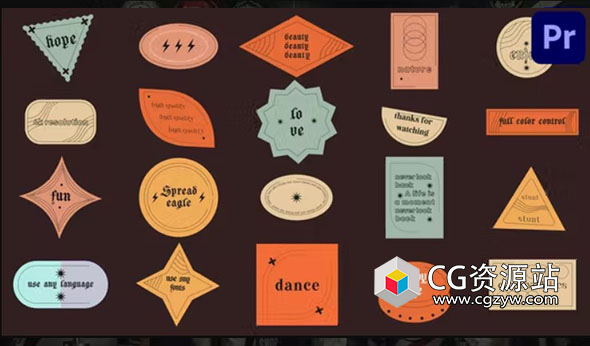 PR模板-20组复古时尚贴纸文字标题动画 Abstract Sticker Titles