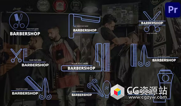 PR模板-9组理发店梳子剪刀图形文字标题动画 Barbershop Titles