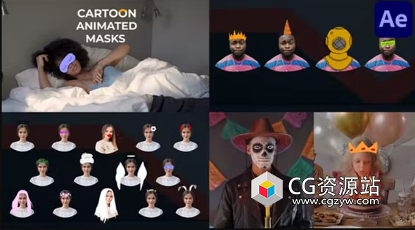 AE模板-手绘卡通面具兔耳朵皇冠头饰搞怪娱乐可爱装饰贴纸动画