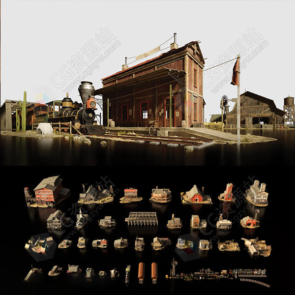 复古中世纪西部仓库破旧木屋房屋建筑3D模型 FBX/MAX Vray/Blend/Unreal格式-图片1