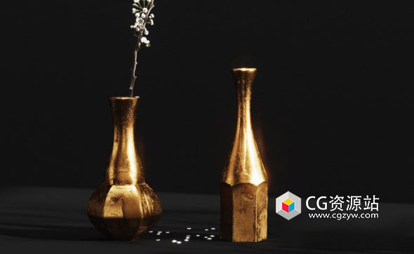 樱花枝植物铝制花瓶3D模型 C4D/MAX/OBJ格式