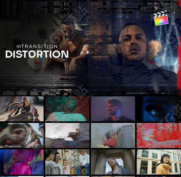 FCPX插件-50种动态毛刺扭曲拉伸失真变形视频转场预设-图片1