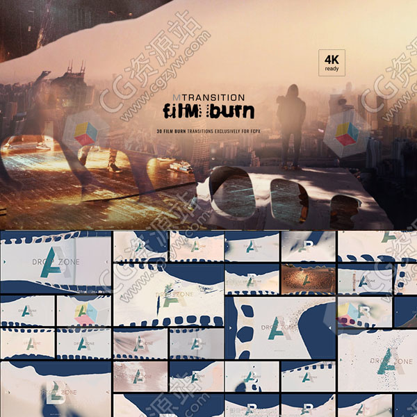 FCPX插件-30组电影胶片灼烧溶解遮罩视频转场 Film Burn