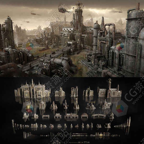 蒸汽柴油朋克机械工业建筑物品3D模型 C4D/MAX/Maya/Blender/等-图片1
